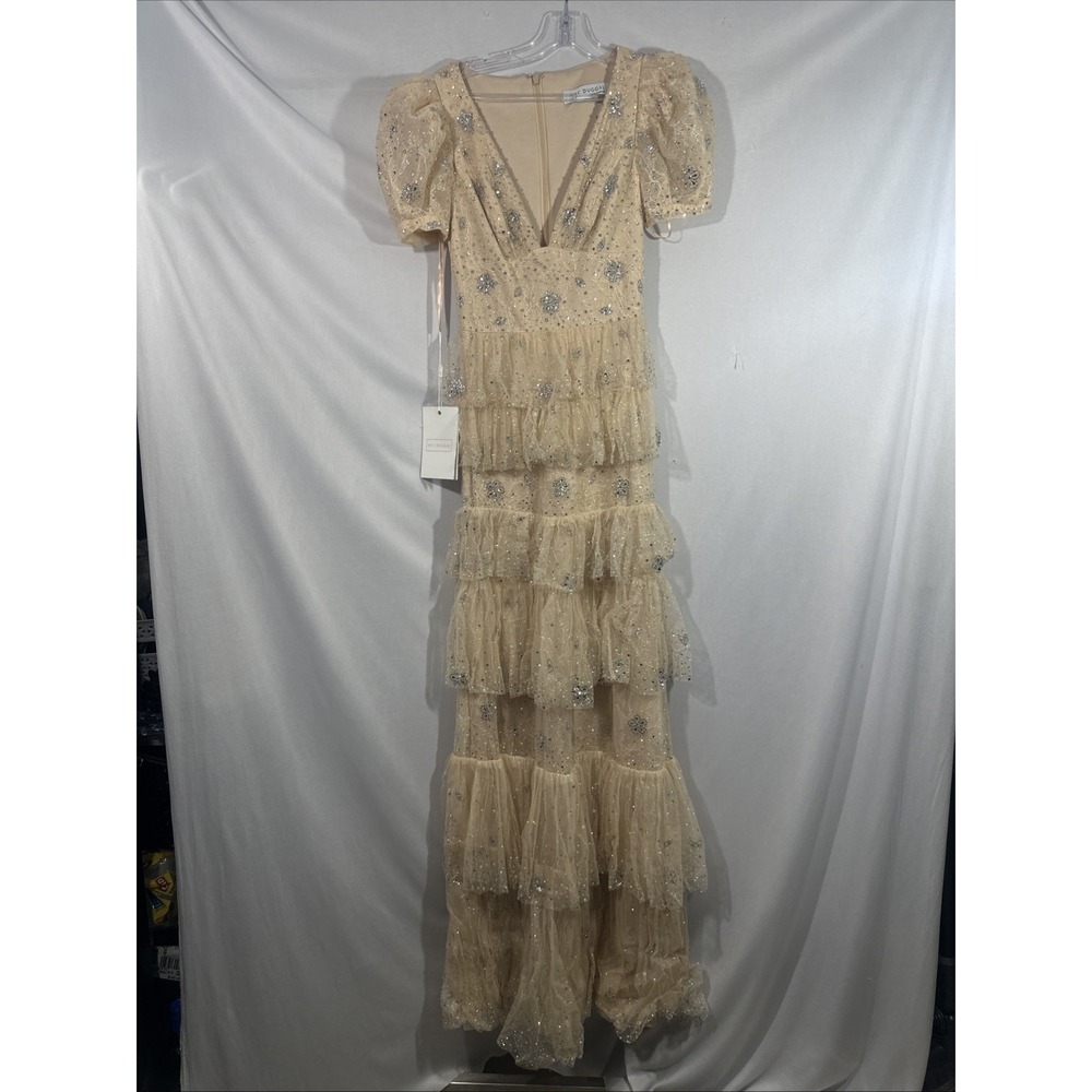 NWT Mac Duggal [ 2 ] 50706‎ Glitter Tiered Gown in Oyster Nude J2067
